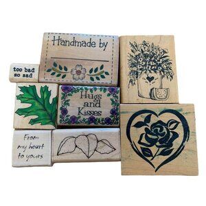 Wooden Rubber Stamp Lot Floral Heart Leaf Sentiment Designs Craft Supplies Set